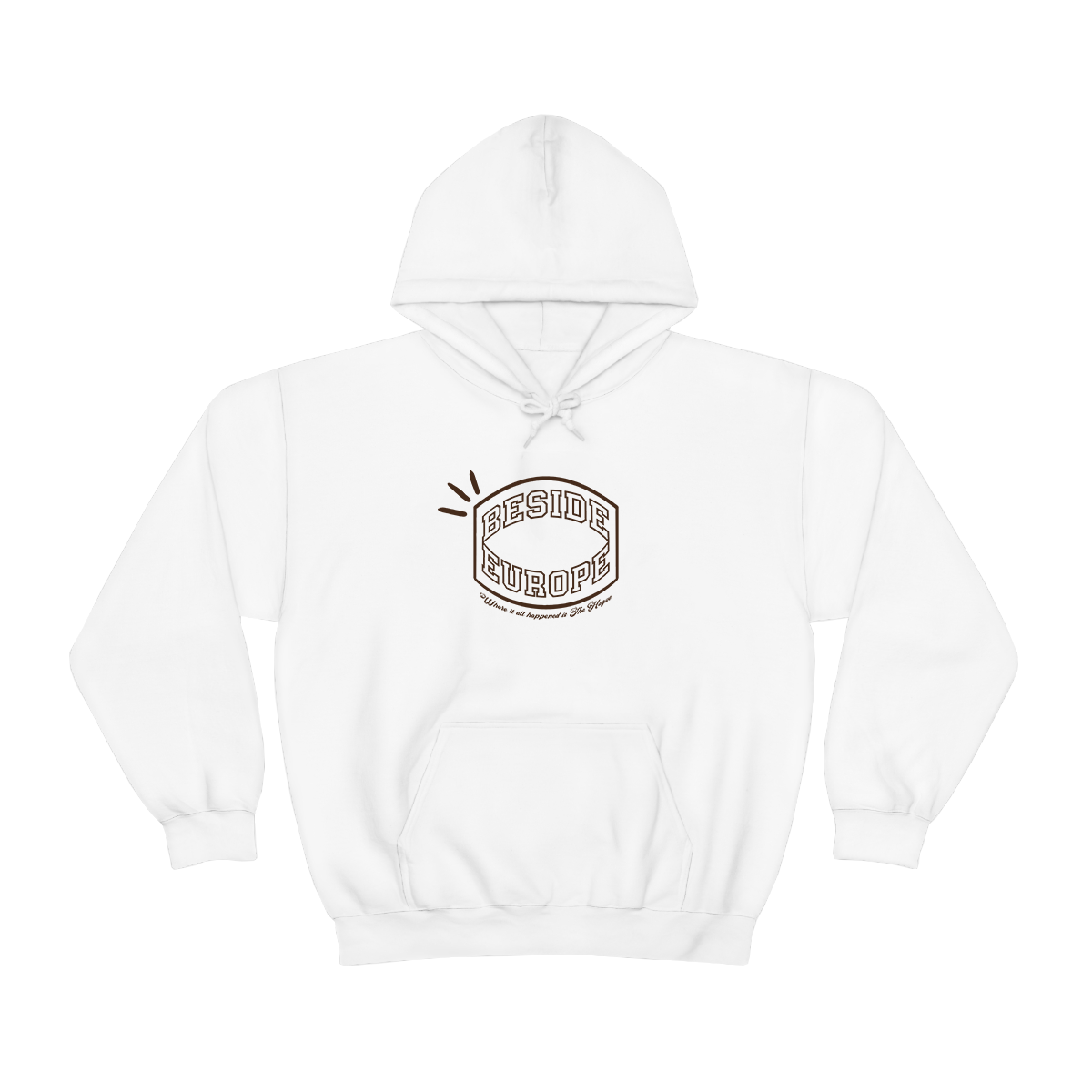 Where it all happened is The Hague - Brown on white hoodie